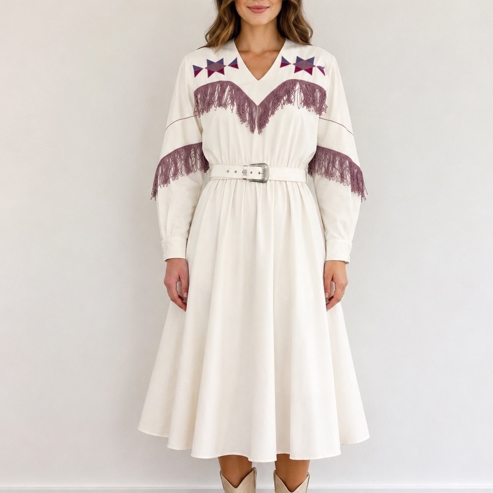 Vintage Western Collection Cowgirl Dress White Purple Fringe Belted 8 Rodeo